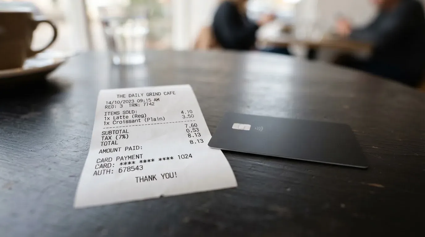 A receipt and a card on a café table