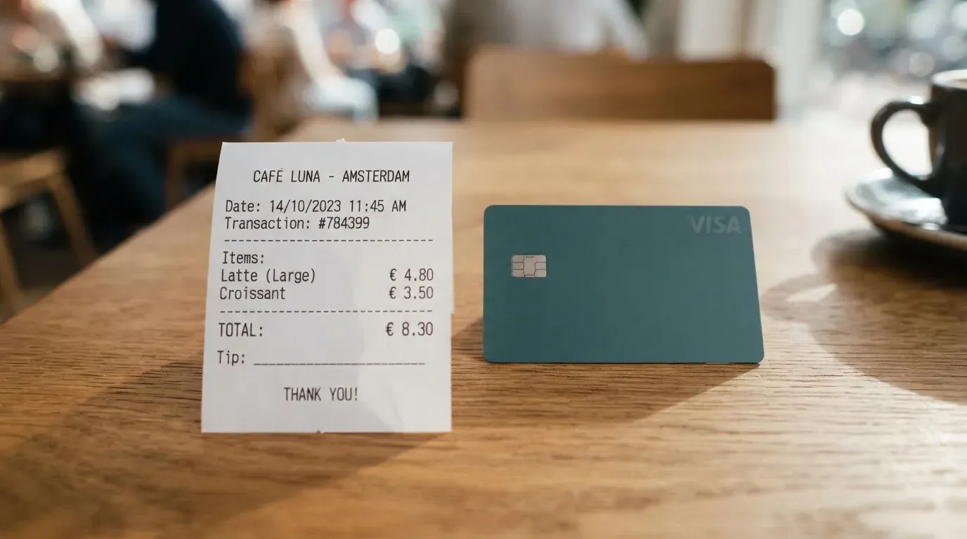 A receipt and a card on a café table