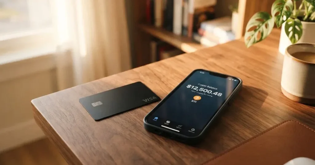 A payment card next to a phone with a crypto wallet app open