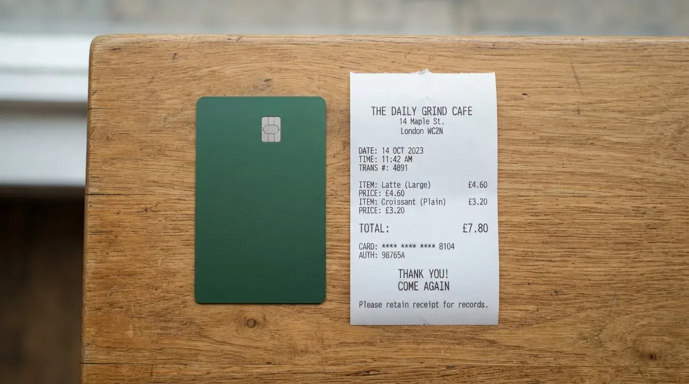 A receipt and a card on a café table