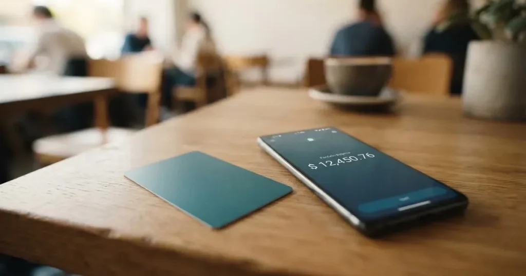 A payment card next to a phone with a crypto wallet app open