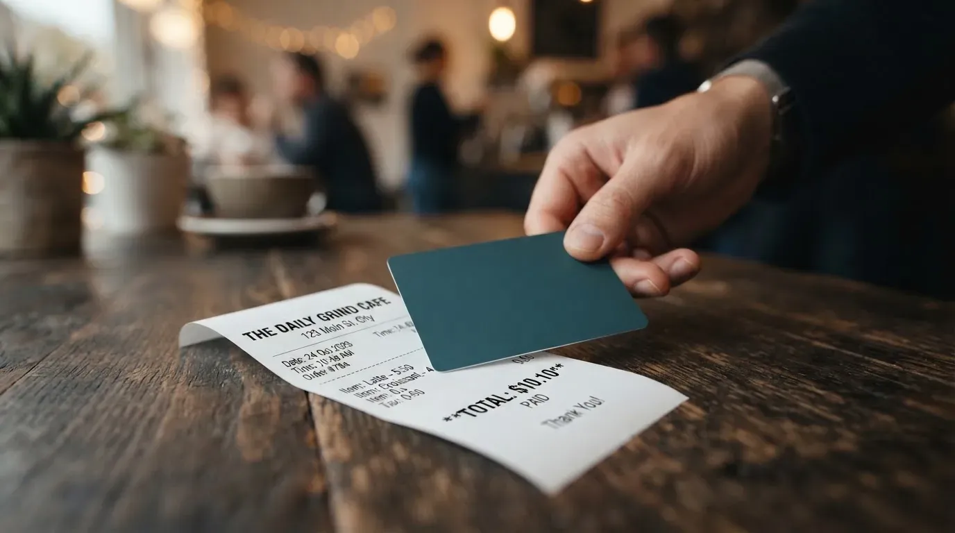 A receipt and a card on a café table
