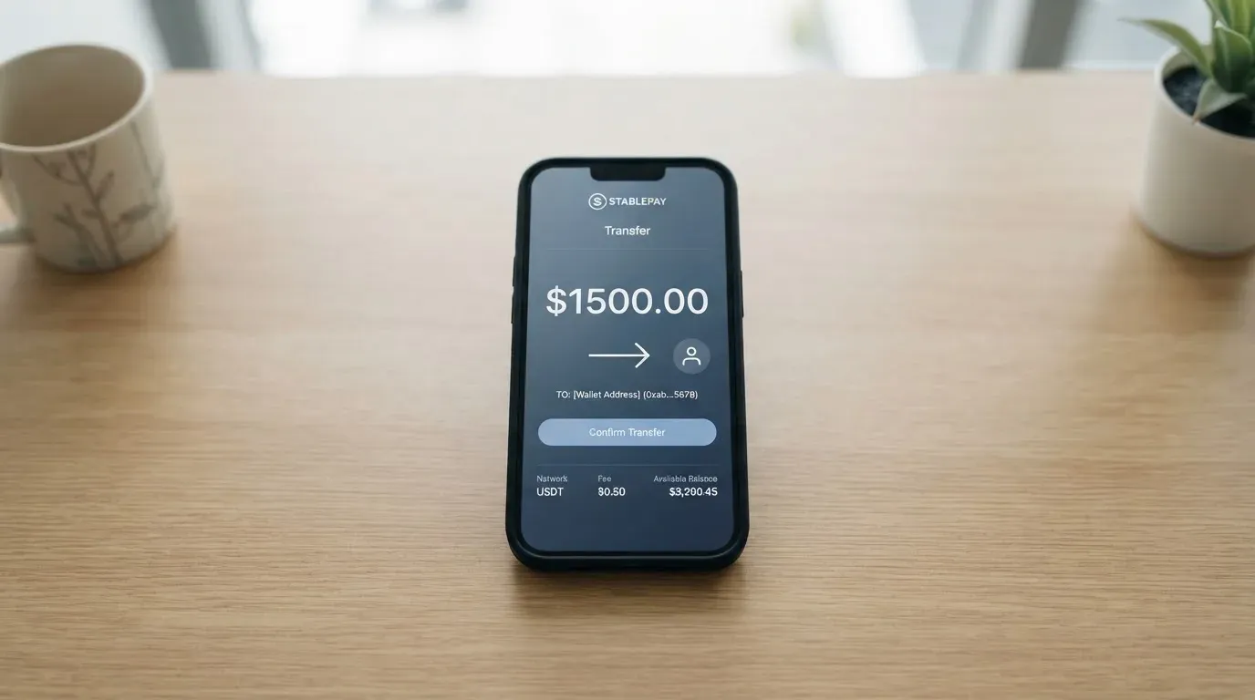 A phone showing a stablecoin transfer screen