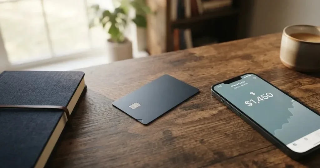 A payment card next to a phone with a crypto wallet app open