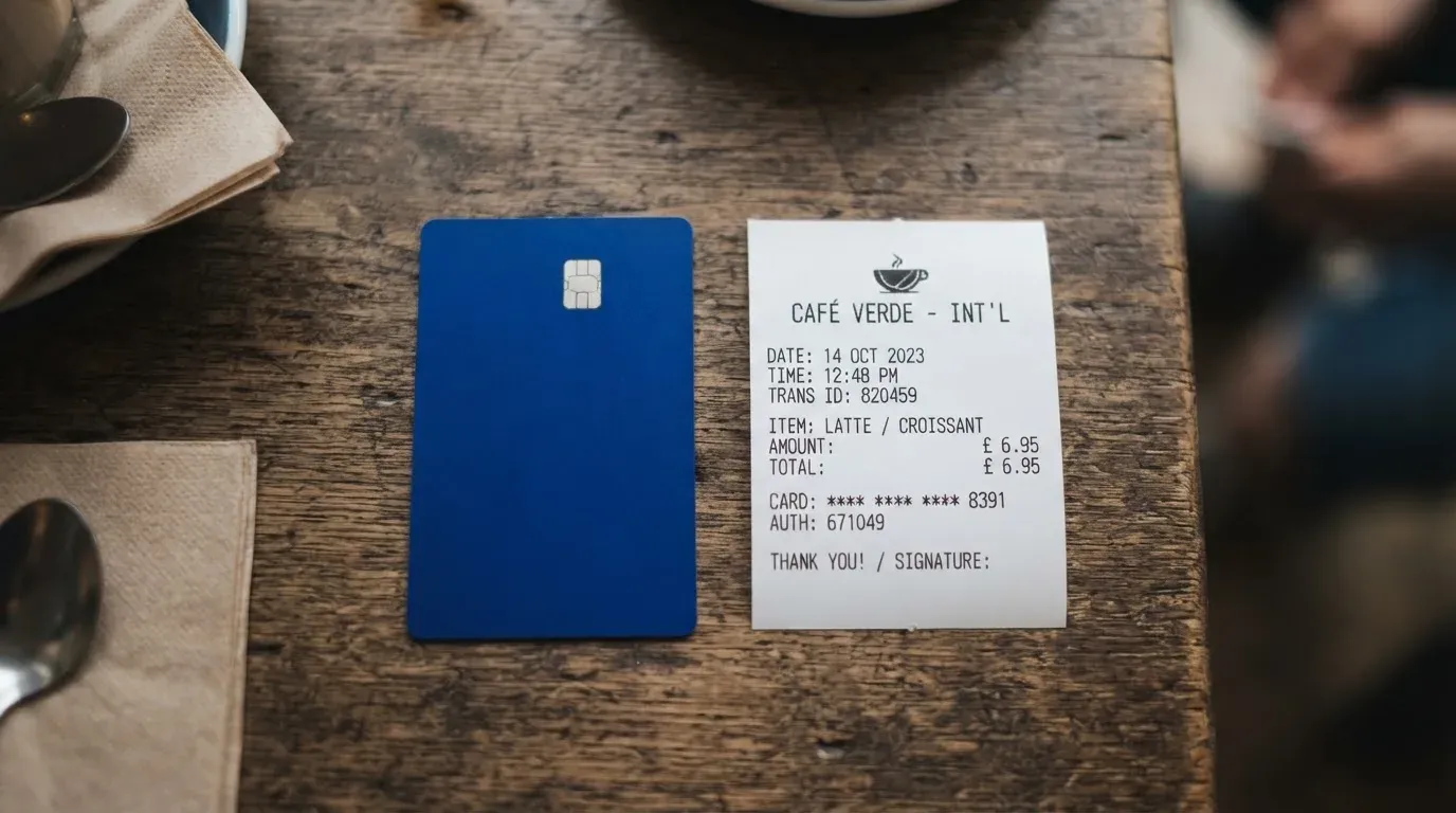 A receipt and a card on a café table