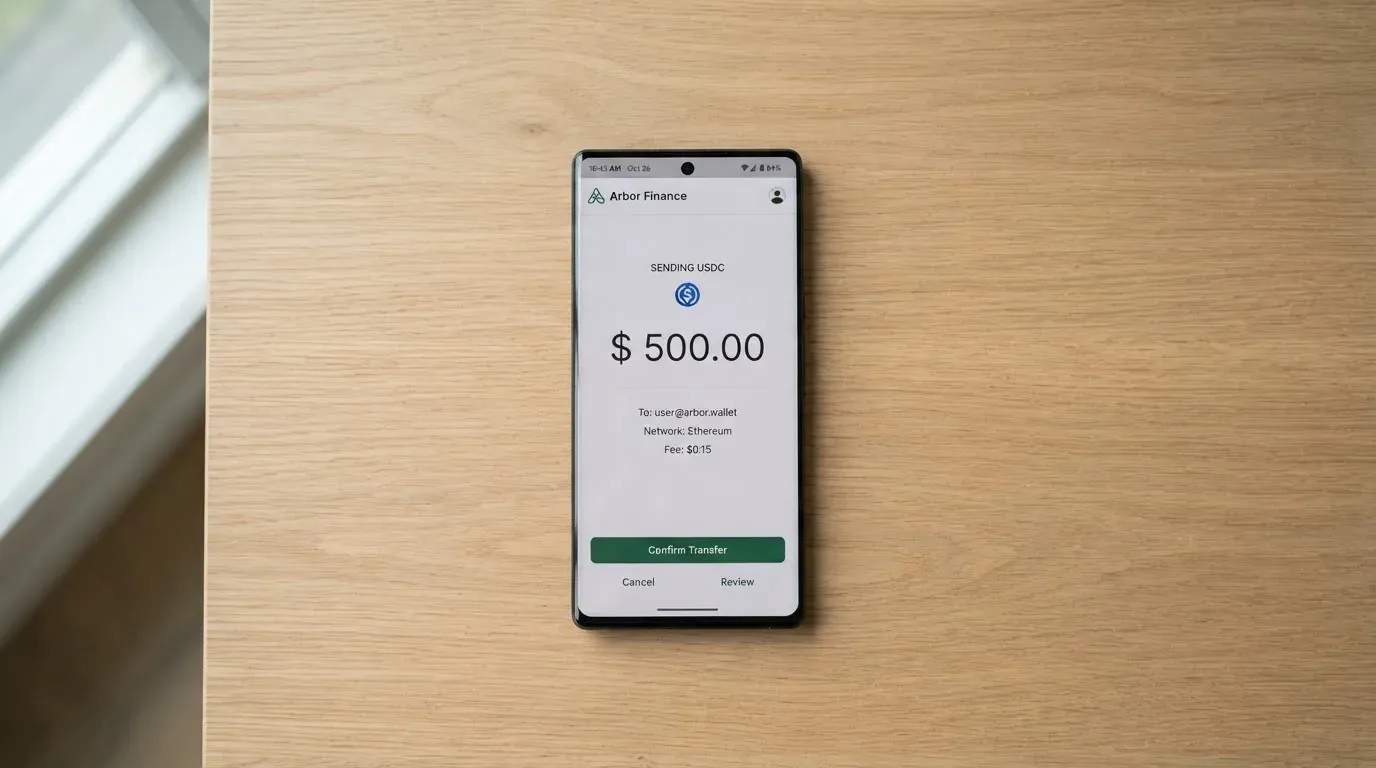A phone showing a stablecoin transfer screen