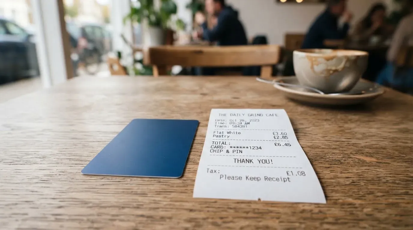A receipt and a card on a café table