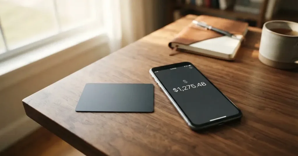 A payment card next to a phone with a crypto wallet app open