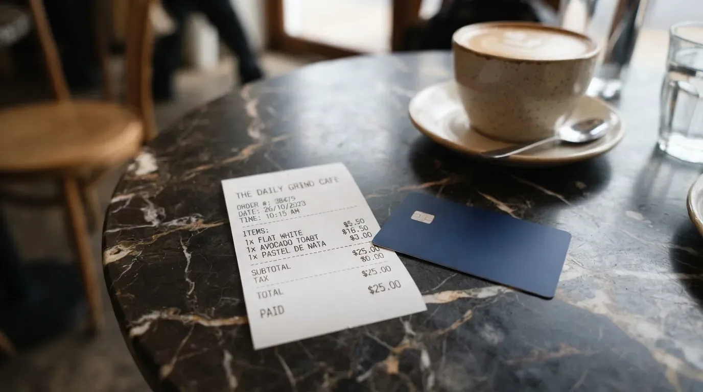 A receipt and a card on a café table