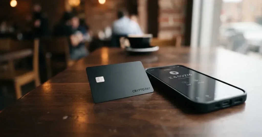 A payment card next to a phone with a crypto wallet app open