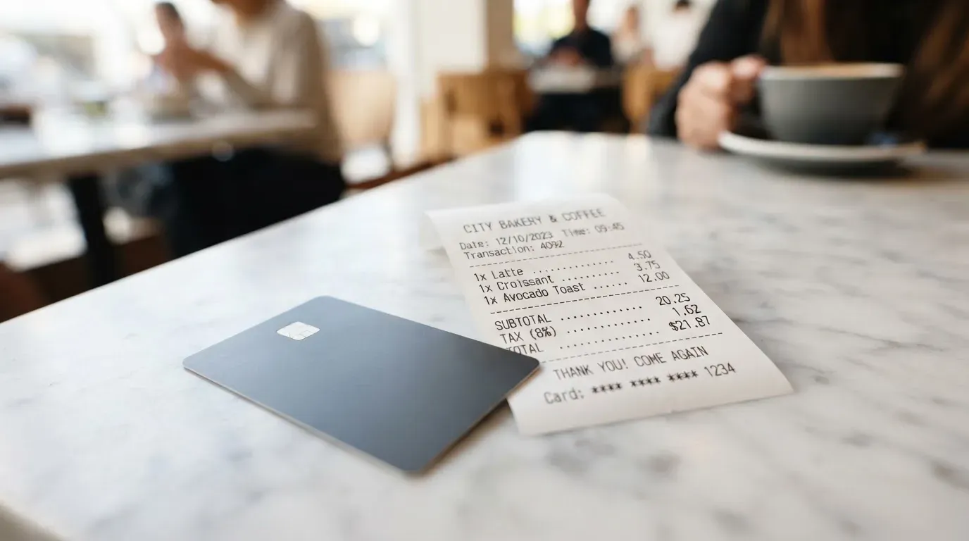 A receipt and a card on a café table