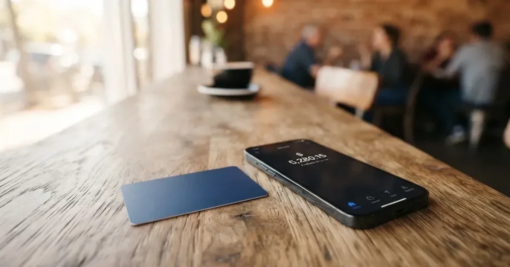 A payment card next to a phone with a crypto wallet app open