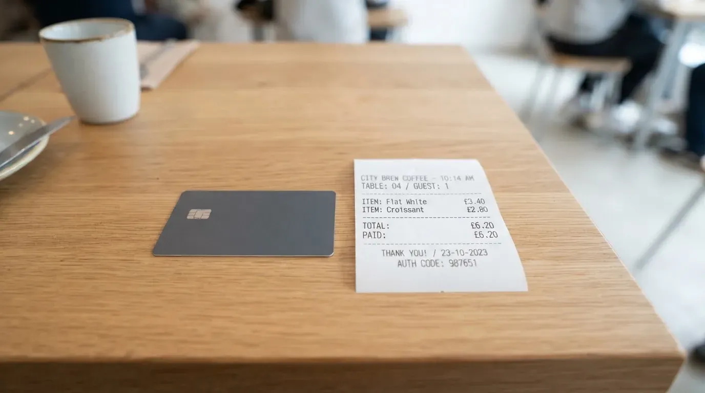 A receipt and a card on a café table
