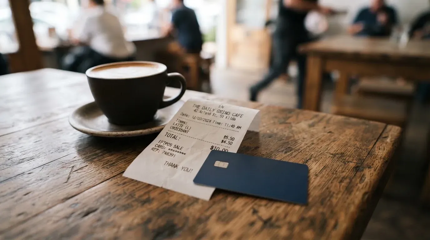 A receipt and a card on a café table