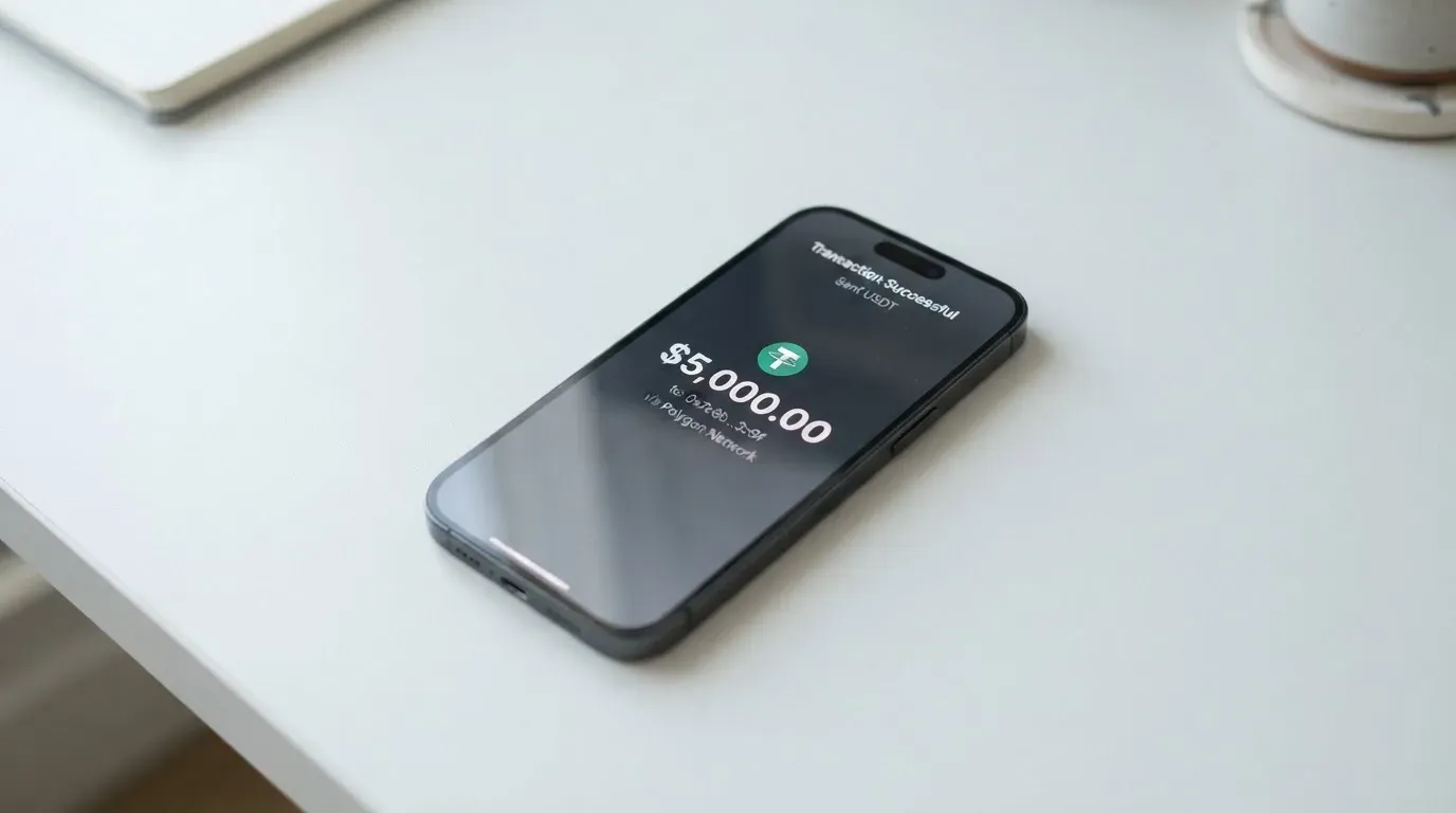 A phone showing a stablecoin transfer screen