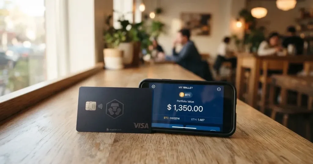 A payment card next to a phone with a crypto wallet app open