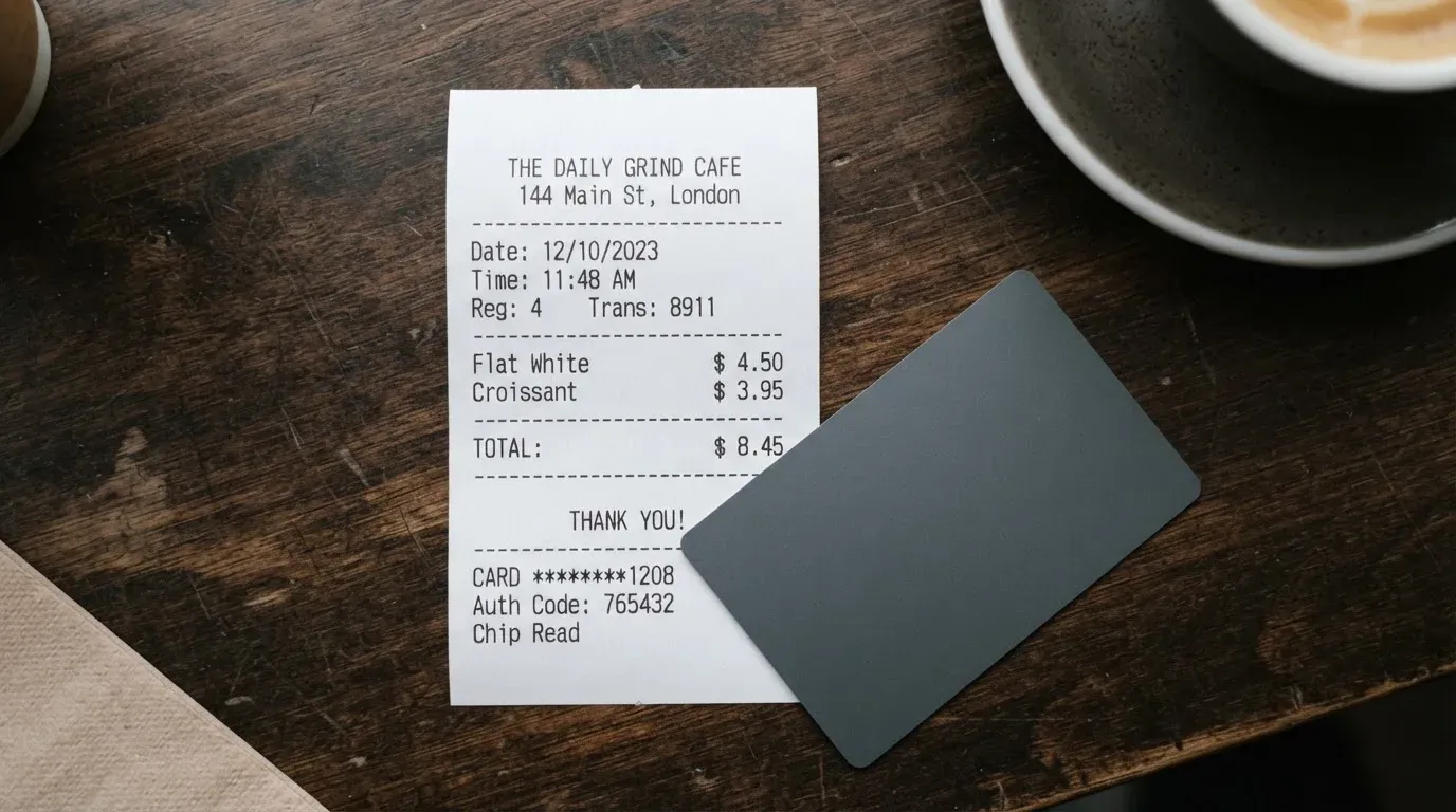 A receipt and a card on a café table