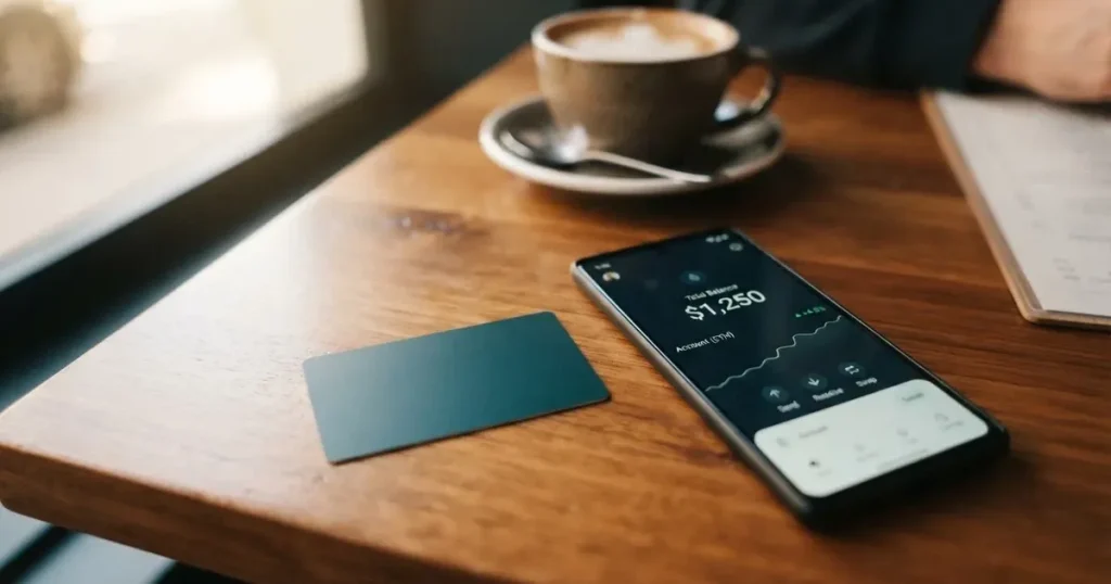 A payment card next to a phone with a crypto wallet app open
