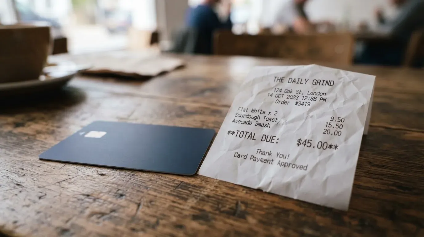 A receipt and a card on a café table