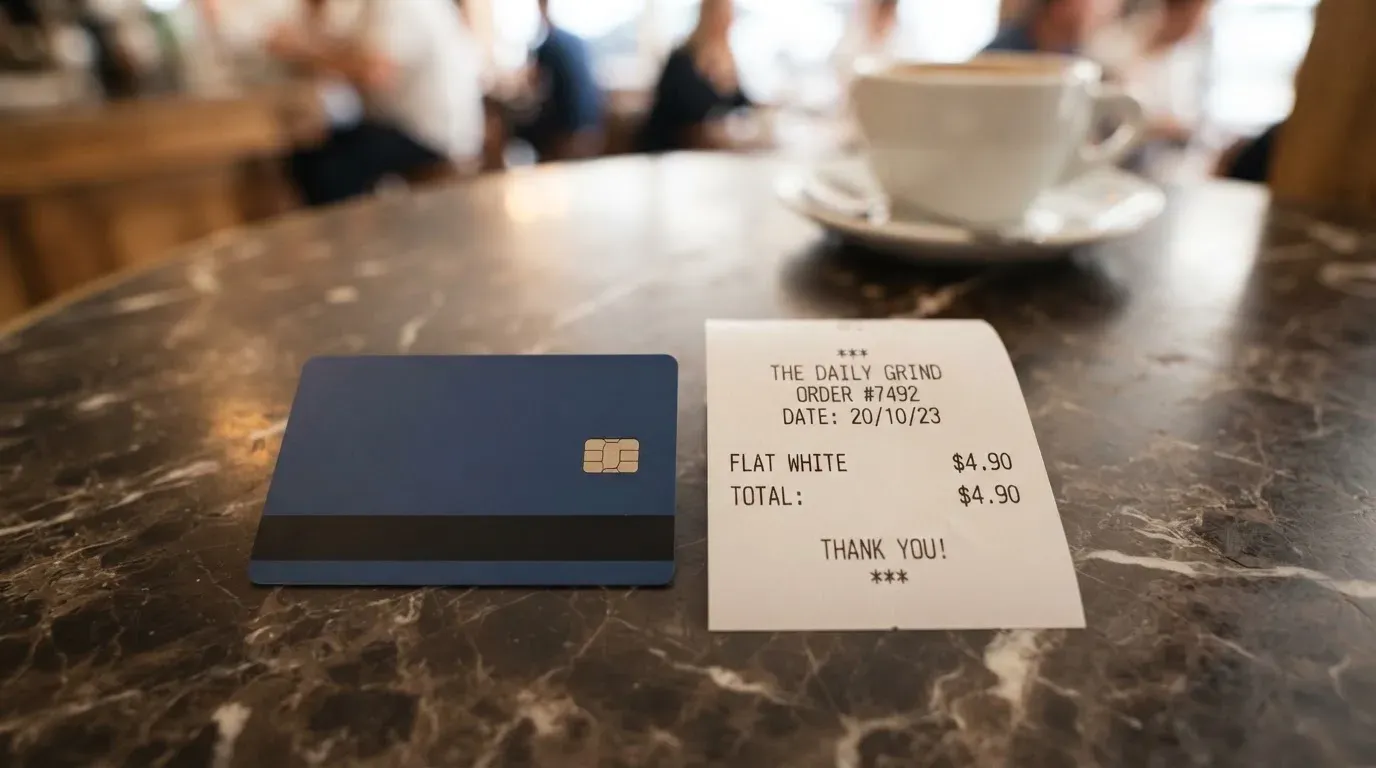A receipt and a card on a café table