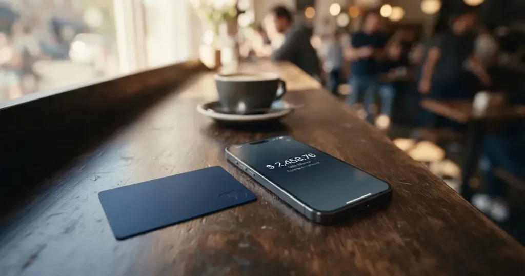 A payment card next to a phone with a crypto wallet app open