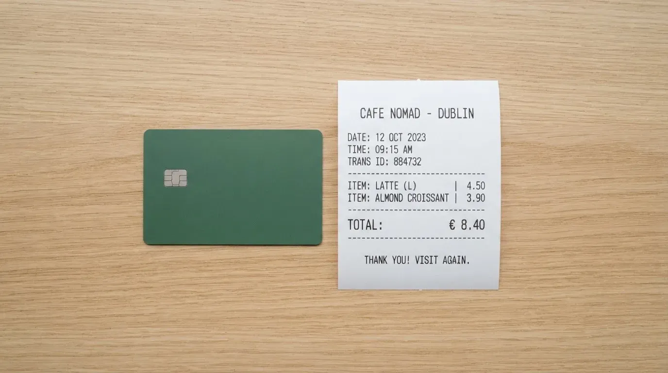 A receipt and a card on a café table