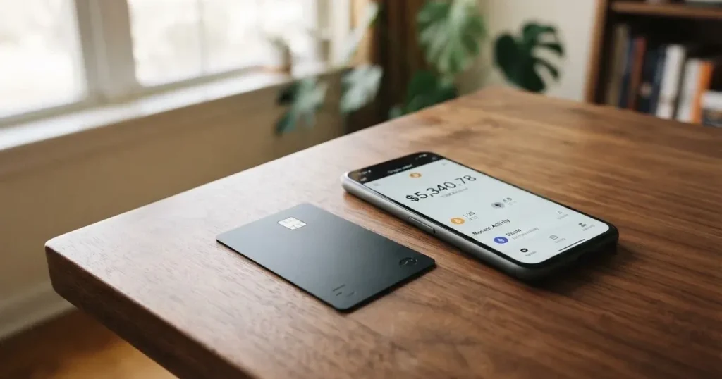 A payment card next to a phone with a crypto wallet app open