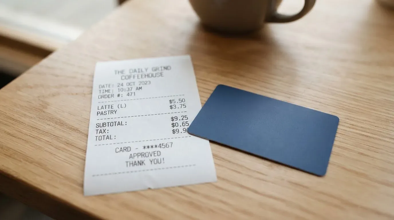 A receipt and a card on a café table