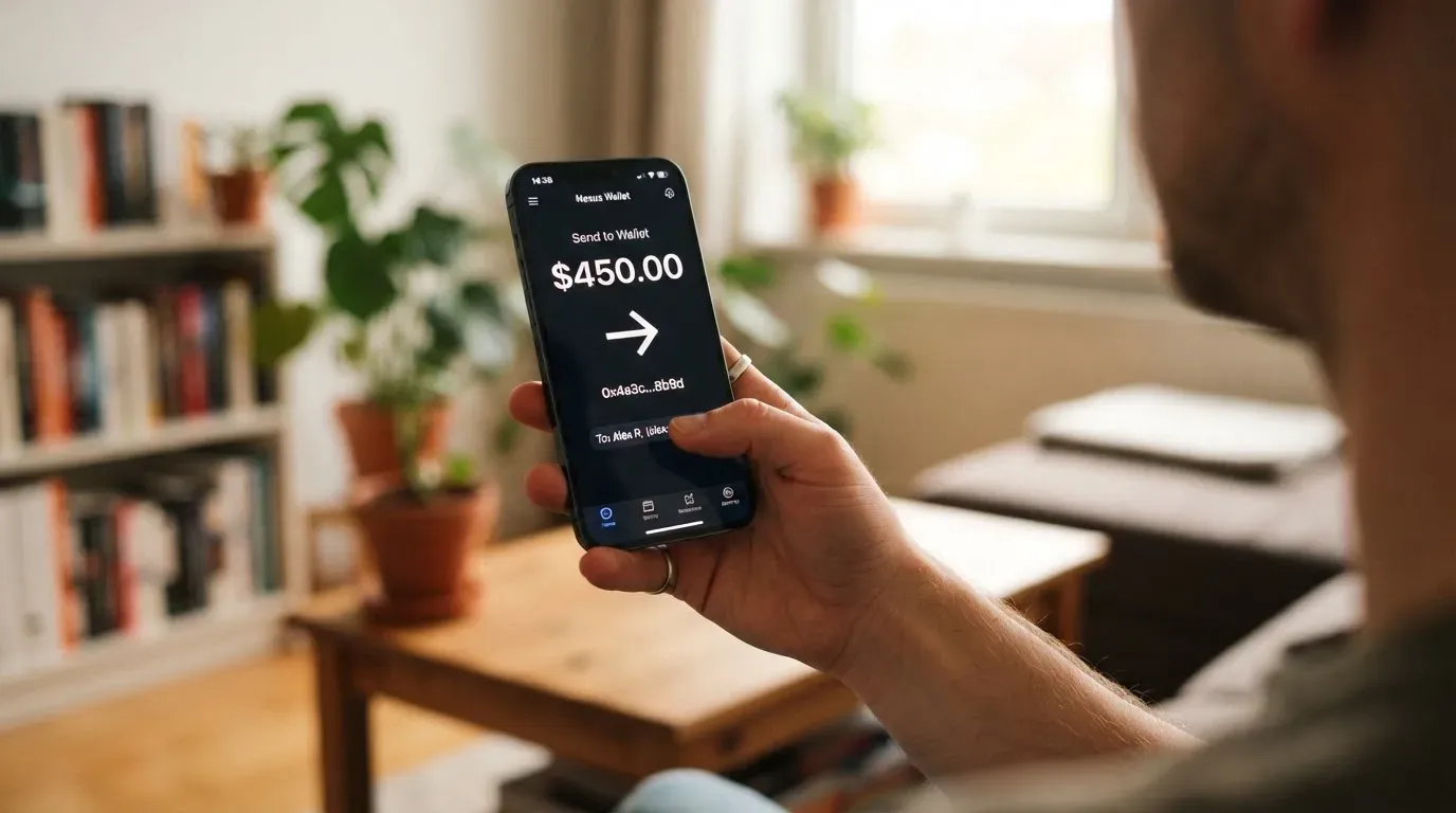 A phone showing a stablecoin transfer screen