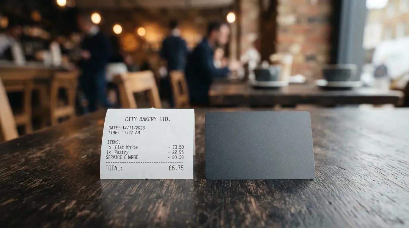 A receipt and a card on a café table