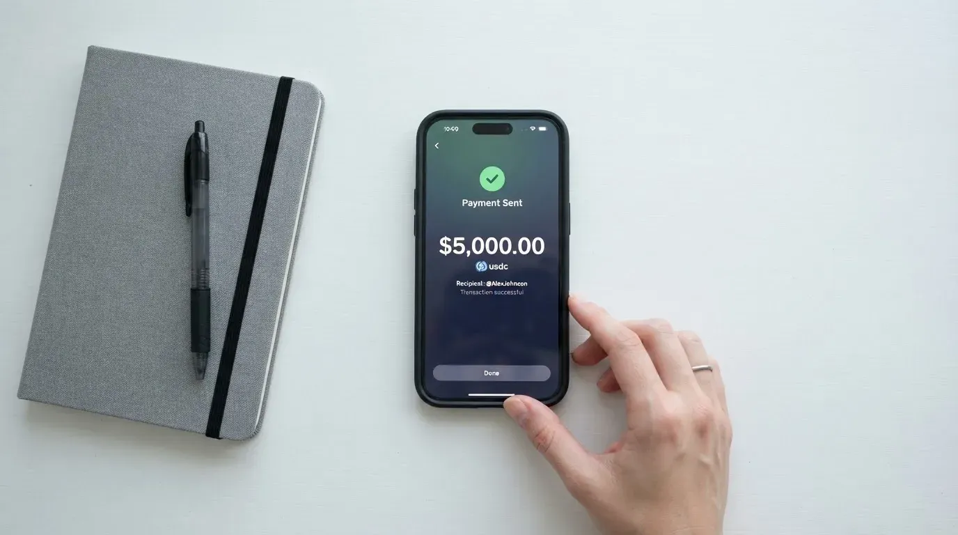 A phone showing a stablecoin transfer screen