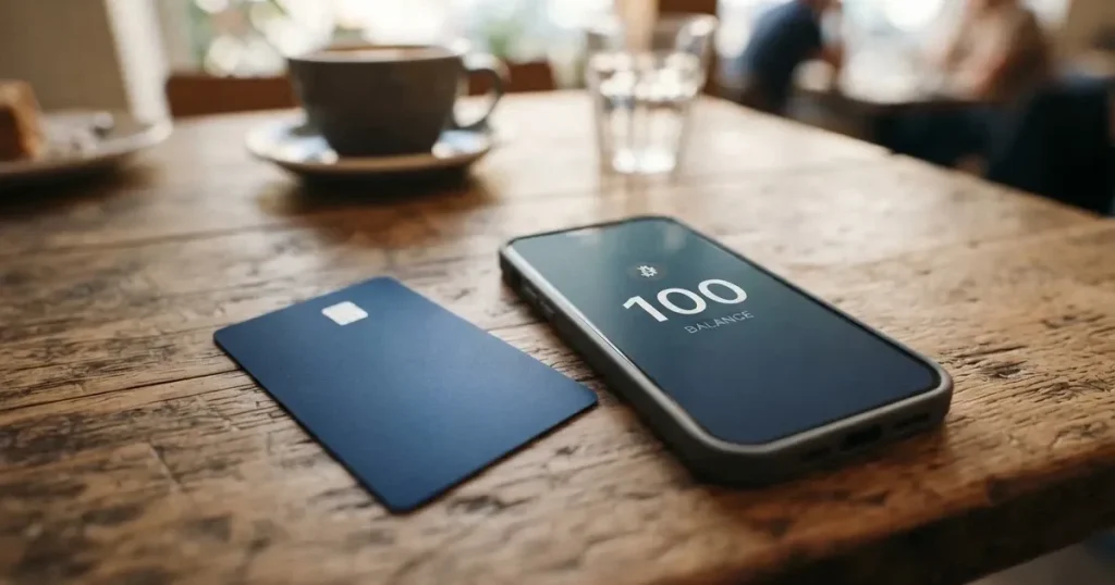 A payment card next to a phone with a crypto wallet app open