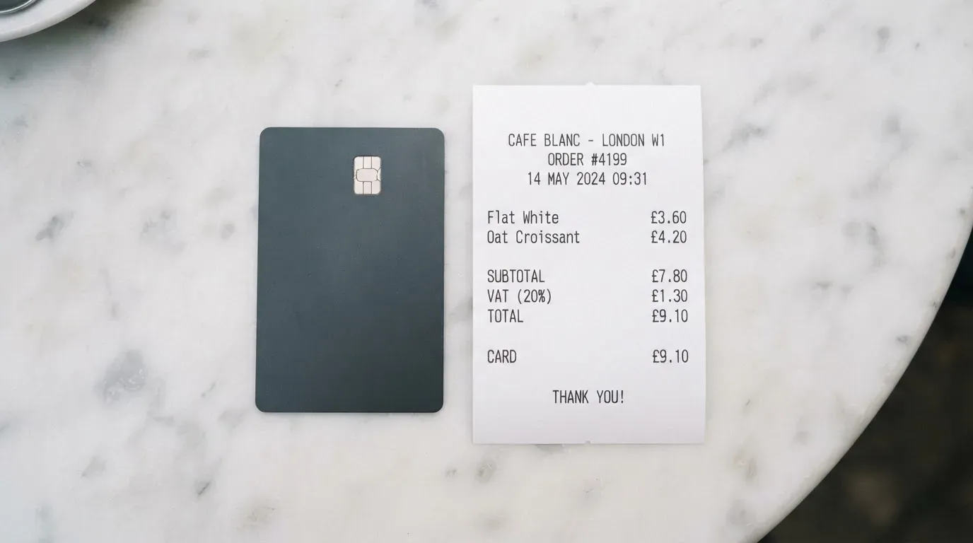 A receipt and a card on a café table