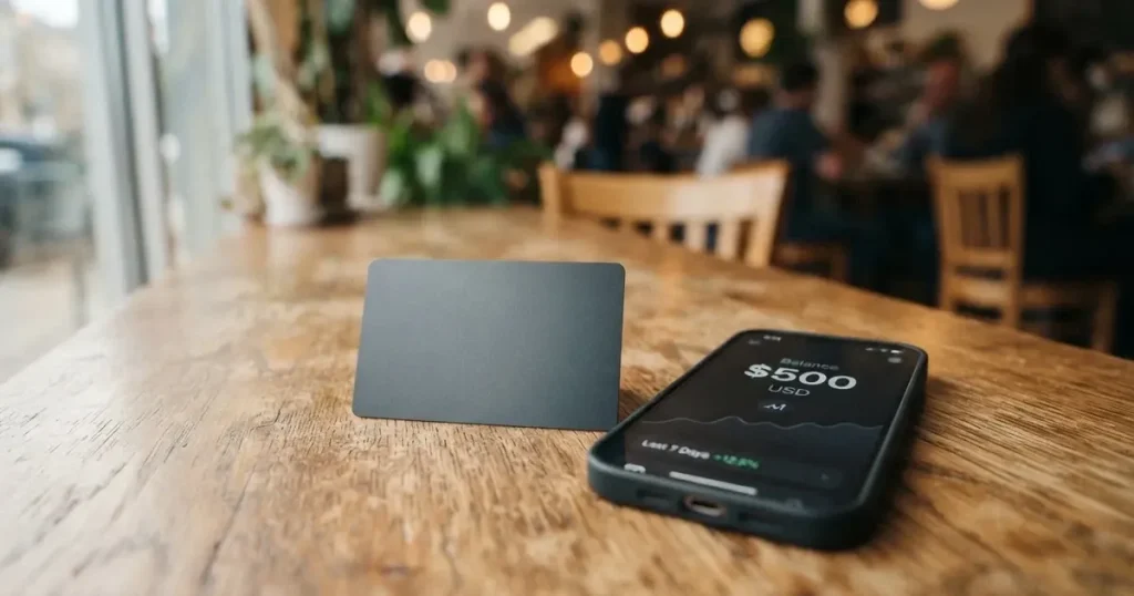 A payment card next to a phone with a crypto wallet app open