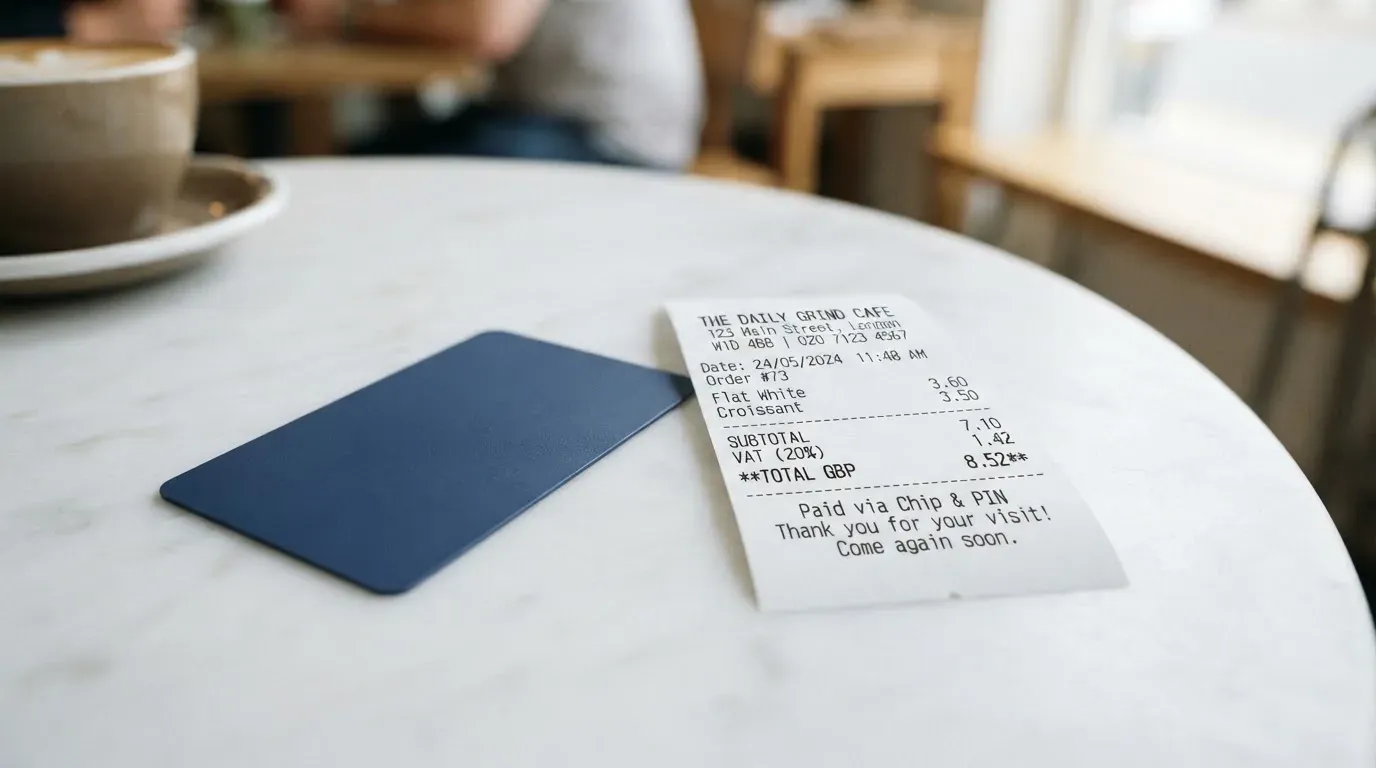 A receipt and a card on a café table