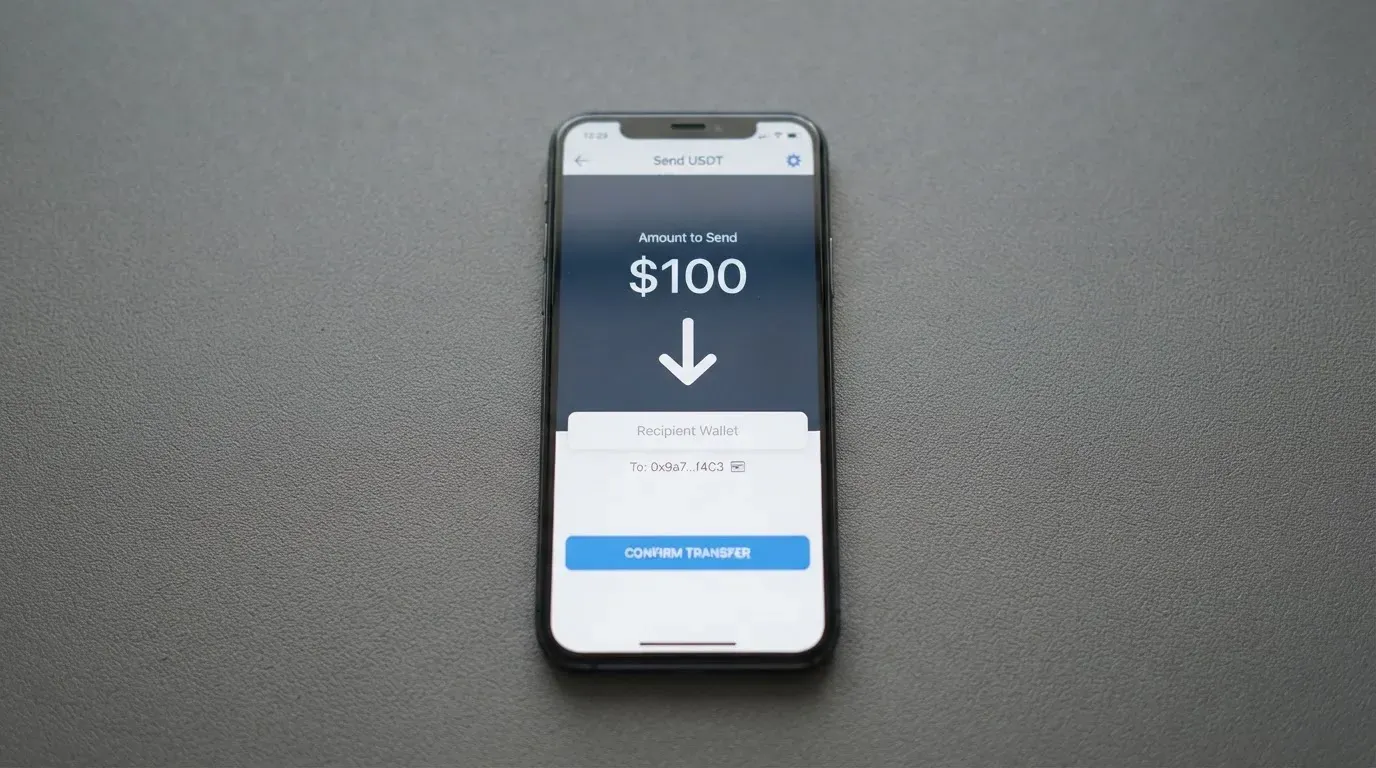 A phone showing a stablecoin transfer screen