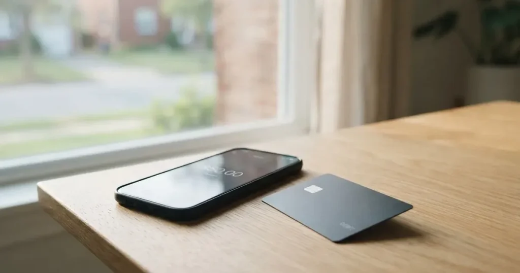 A payment card next to a phone with a crypto wallet app open