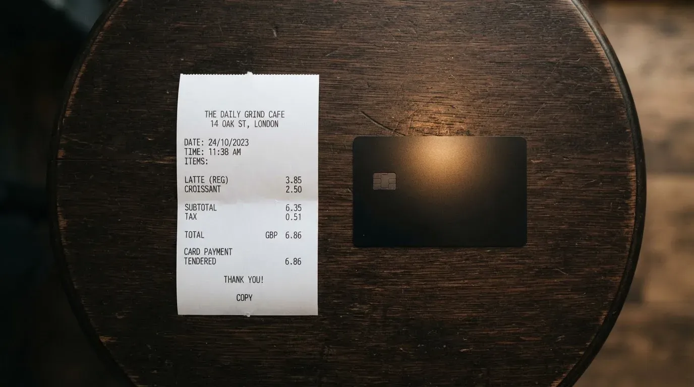 A receipt and a card on a café table