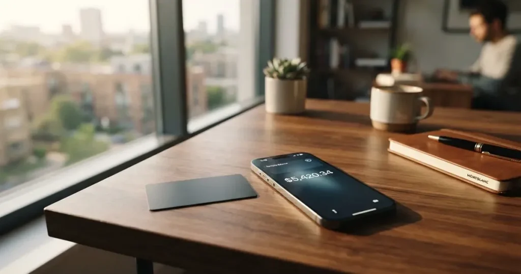 A payment card next to a phone with a crypto wallet app open