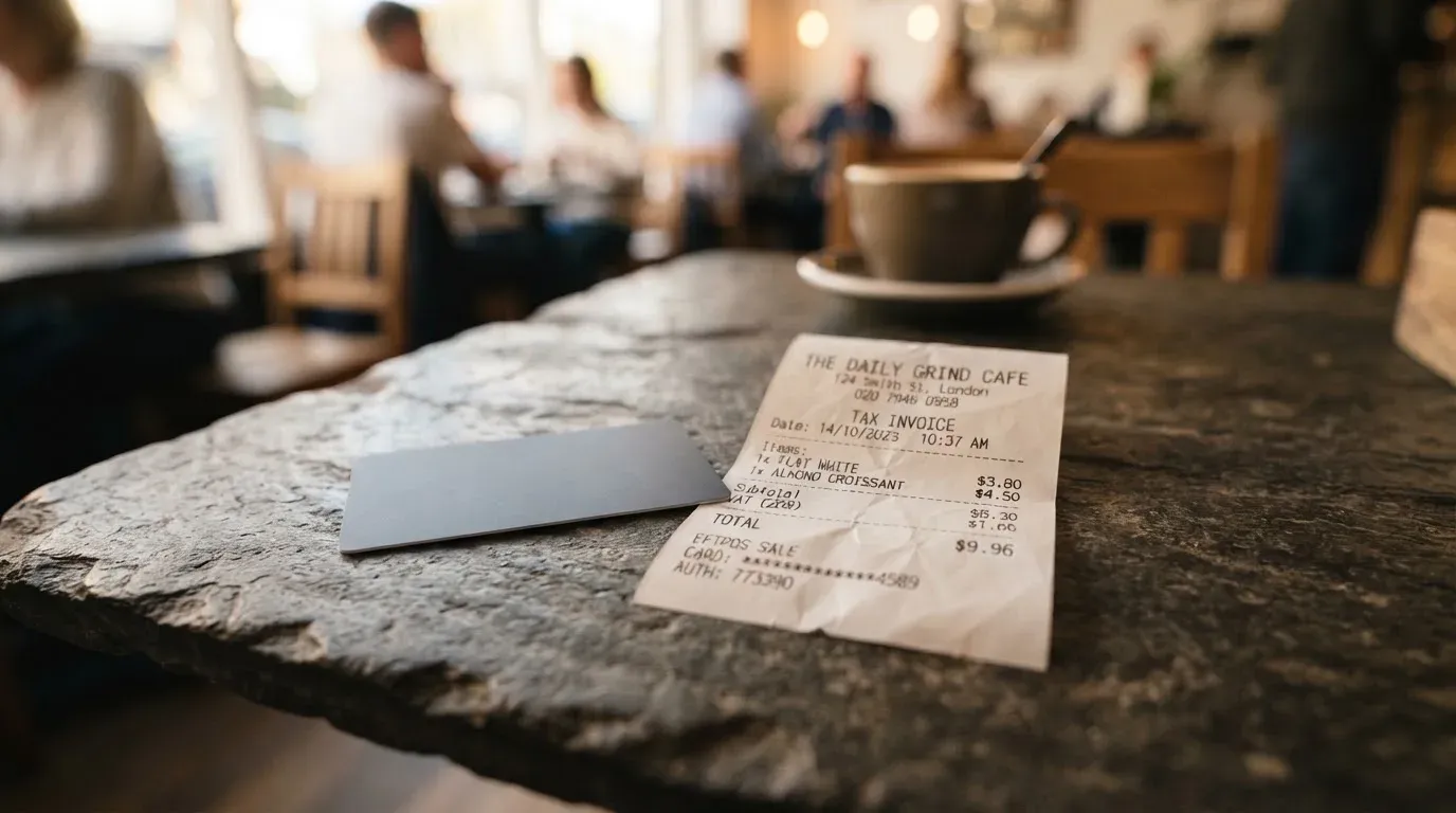 A receipt and a card on a café table