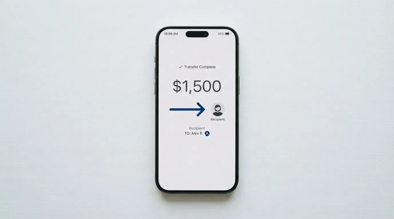 A phone showing a stablecoin transfer screen