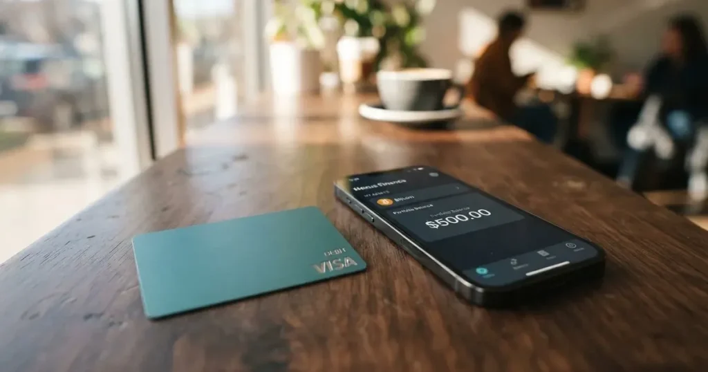 A payment card next to a phone with a crypto wallet app open