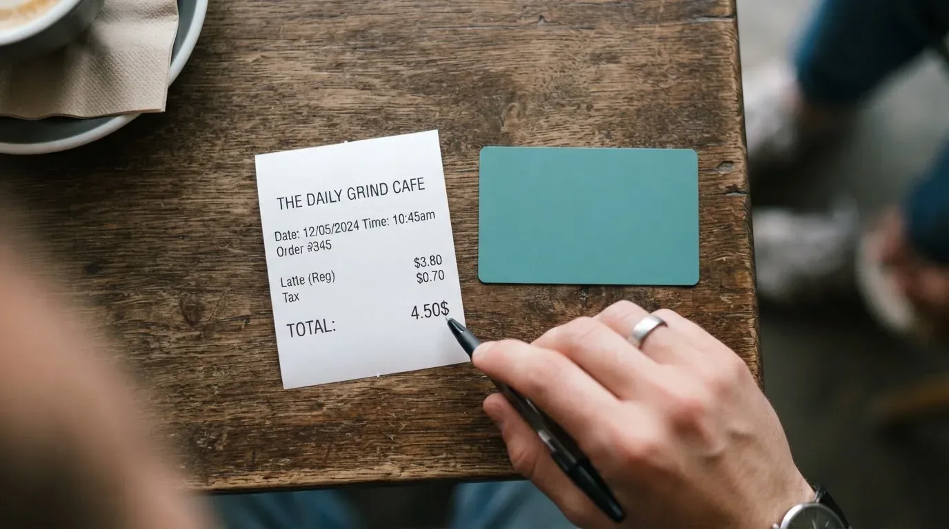 A receipt and a card on a café table