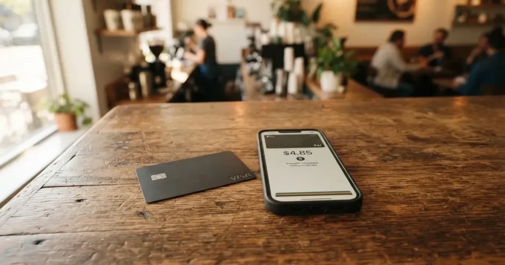 A payment card next to a phone with a crypto wallet app open