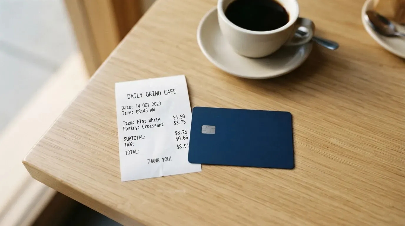 A receipt and a card on a café table