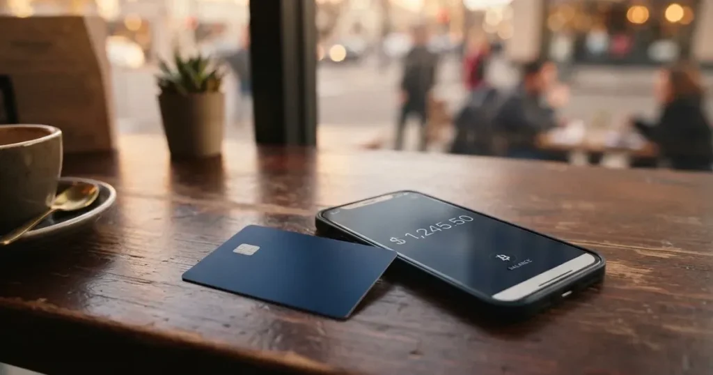 A payment card next to a phone with a crypto wallet app open