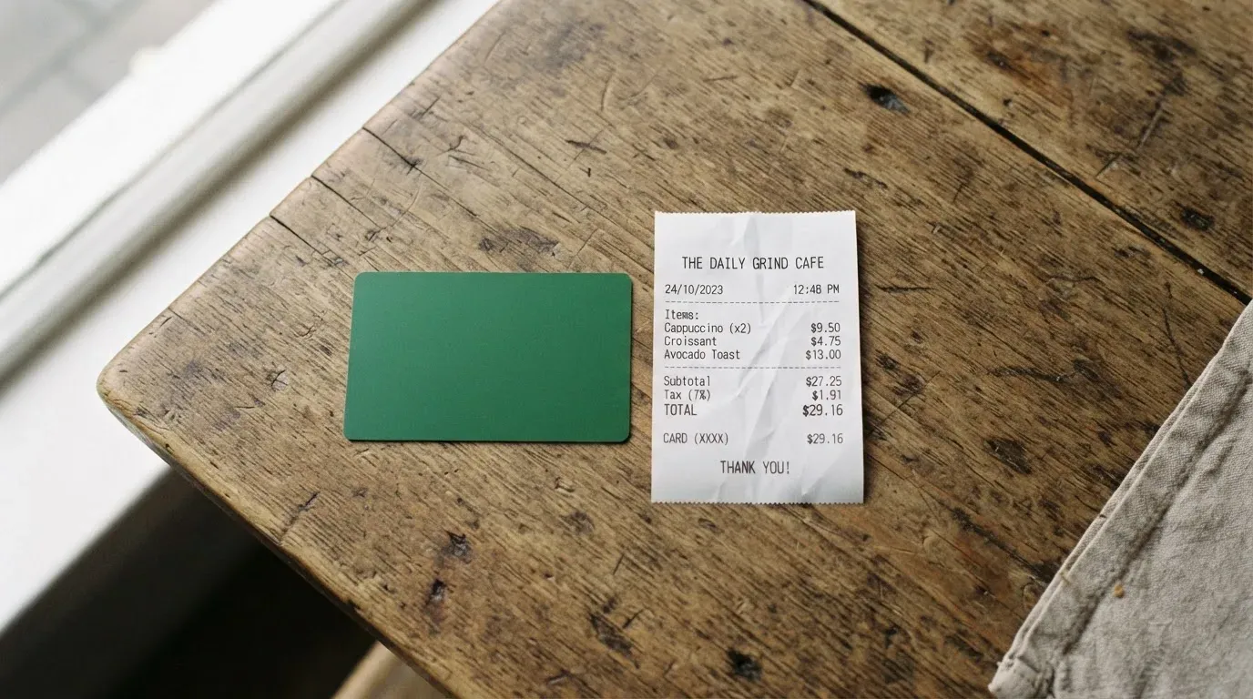 A receipt and a card on a café table