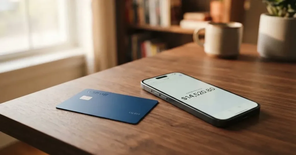 A payment card next to a phone with a crypto wallet app open