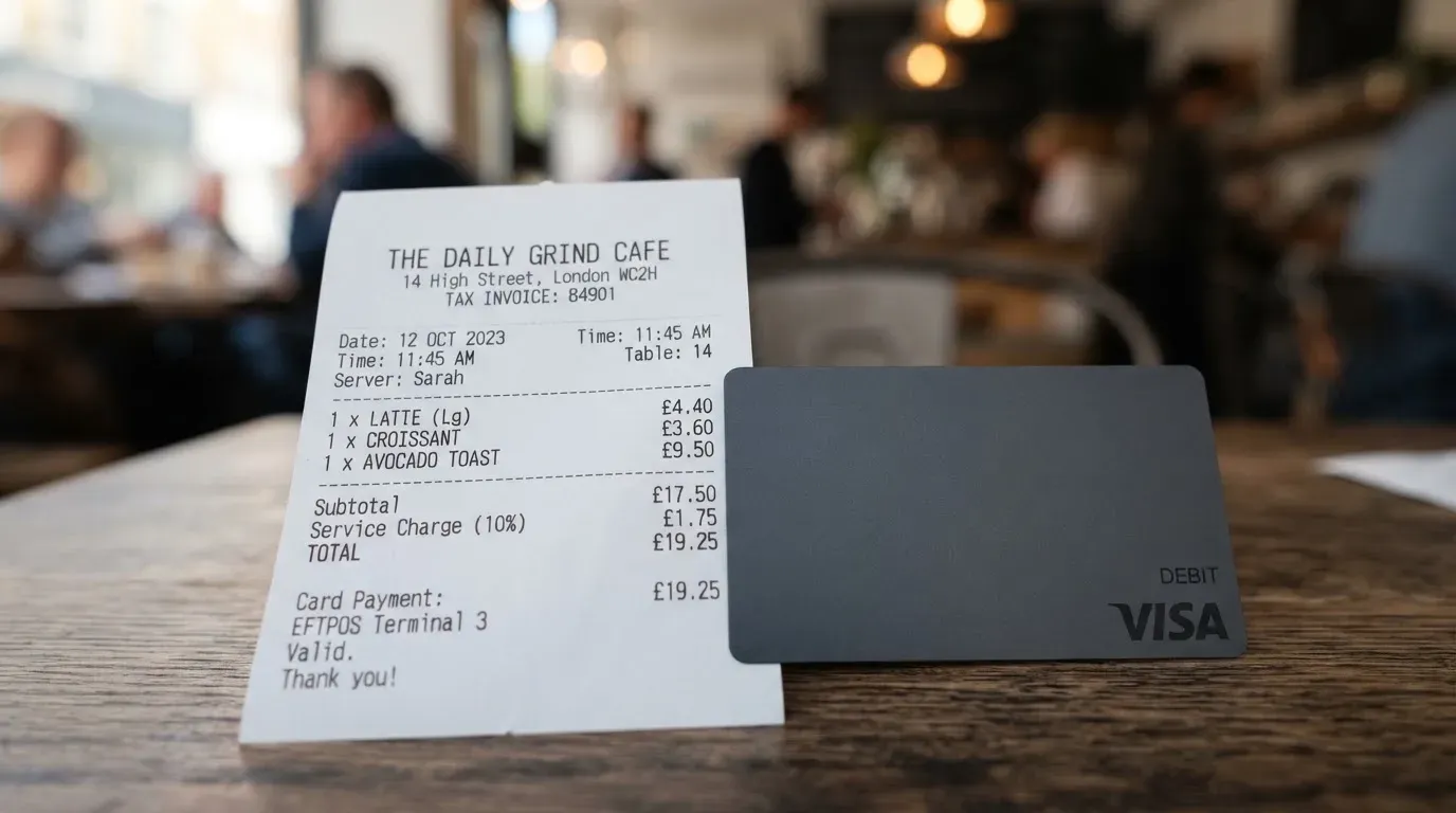 A receipt and a card on a café table