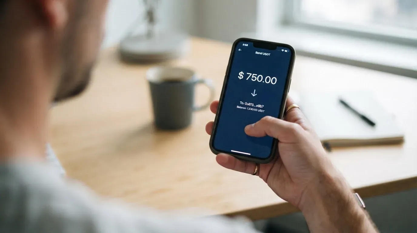 A phone showing a stablecoin transfer screen